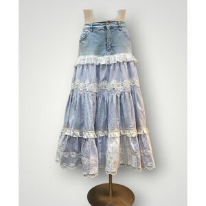 Upcycled Denim and Cotton Tiered Boho Prairie Skirt w Ruffles + Lace, Size 10